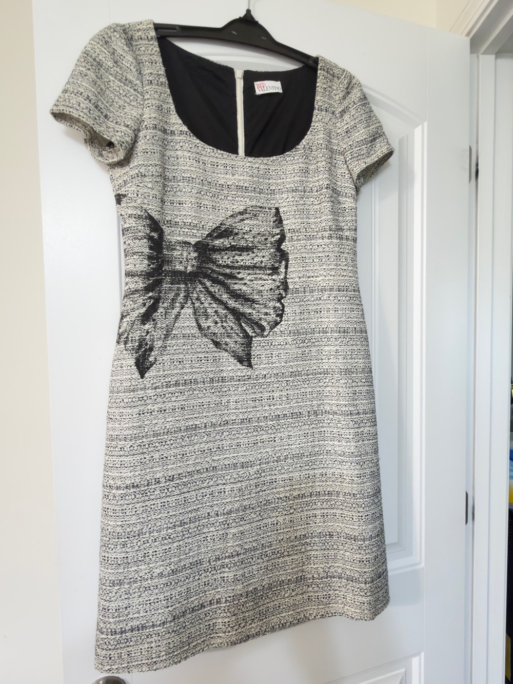 RED Valentino Black and Cream Textured Bow-Print Mini Dress